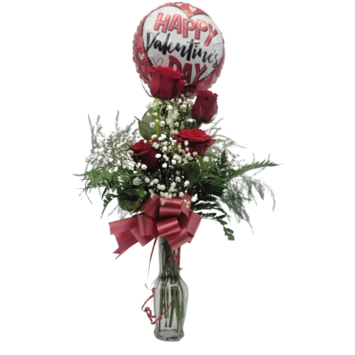 4 roses in a vase with a balloon