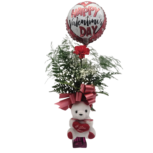1 carnation  in a vase with a balloon and a teddy 