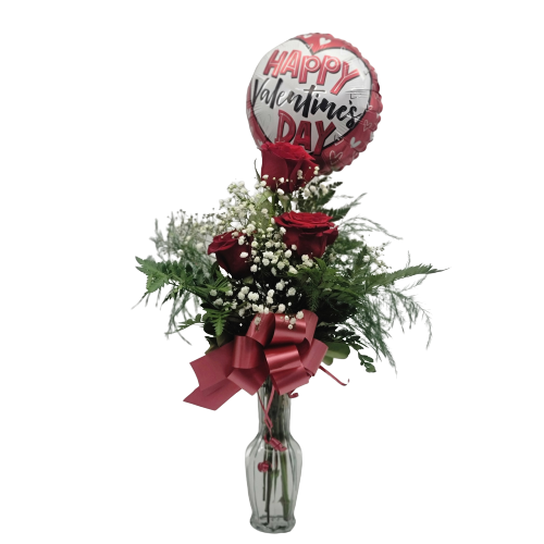 3 Rose's in a vase with a balloon