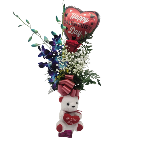 1 rose , 2 orchids , 1 balloon and teddy 