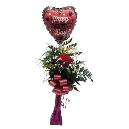 1 rose in a vase with a balloon