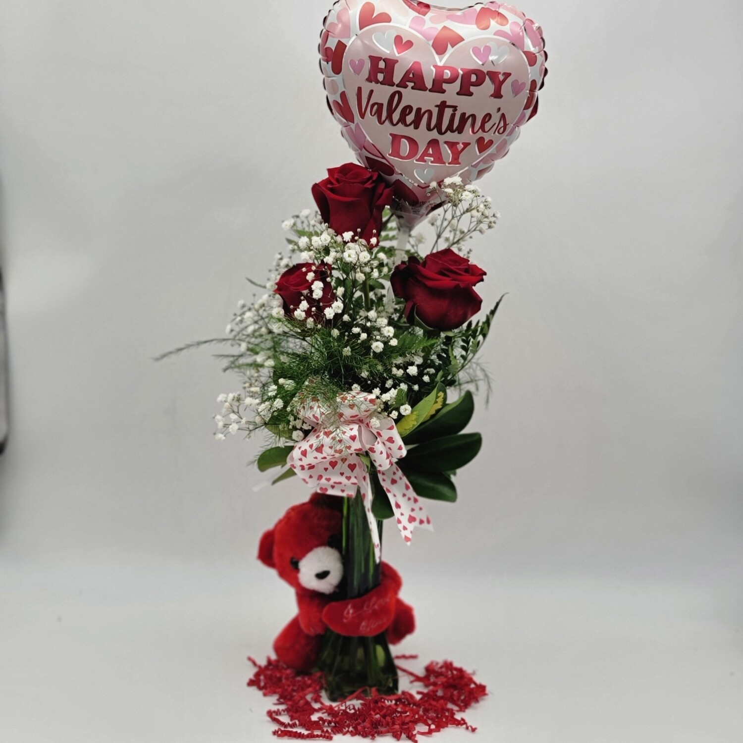 3 Roses in a vase, 1 balloon,  small  teddy