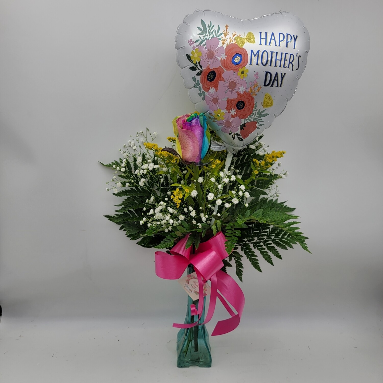 1 Rainbow Rose in a vase with a balloon 