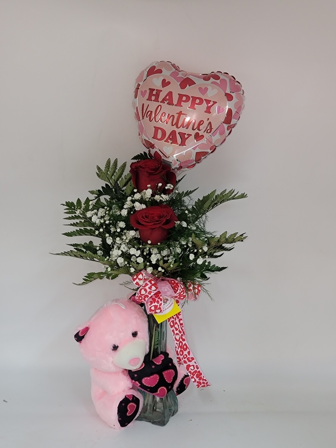 2 Rose's in a vase, 1 balloon and a teddy