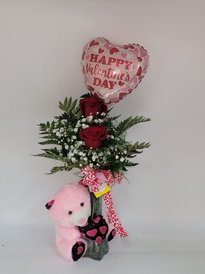 2 Roses in a vase, 1 balloon and a teddy 2 Roses in a vase, 1 balloon and a teddy
