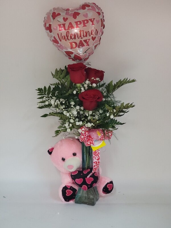 3 Roses in a vase, 1 balloon,  small  teddy