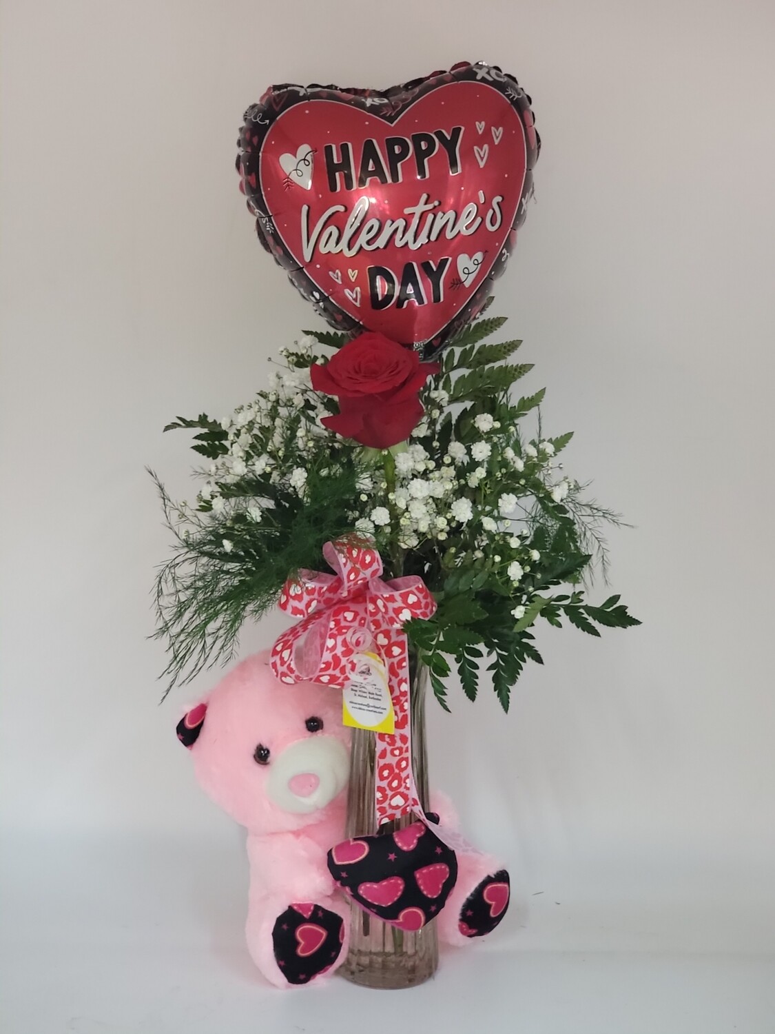 1 rose in a vase, balloon and a teddy