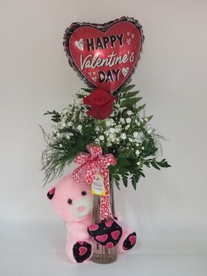 1 rose in a vase, balloon and a teddy