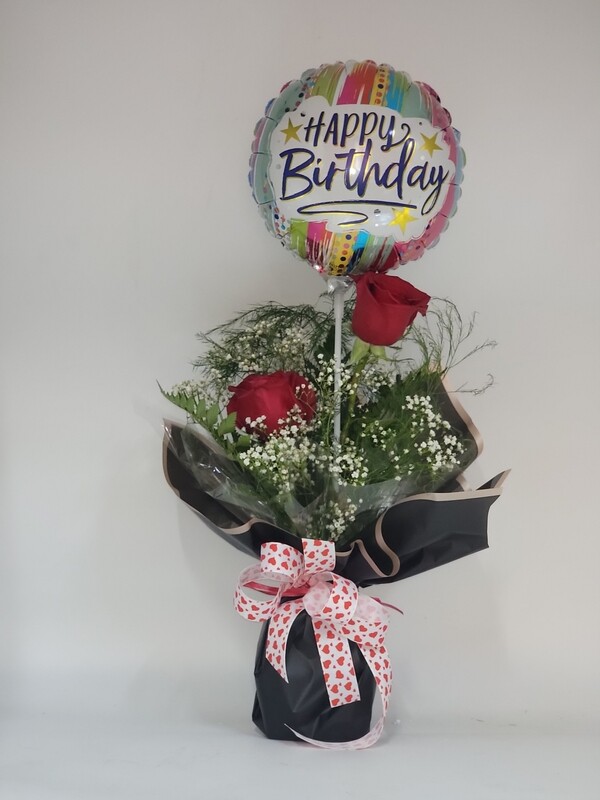 Rose - 2 red in a black wrap with a balloon