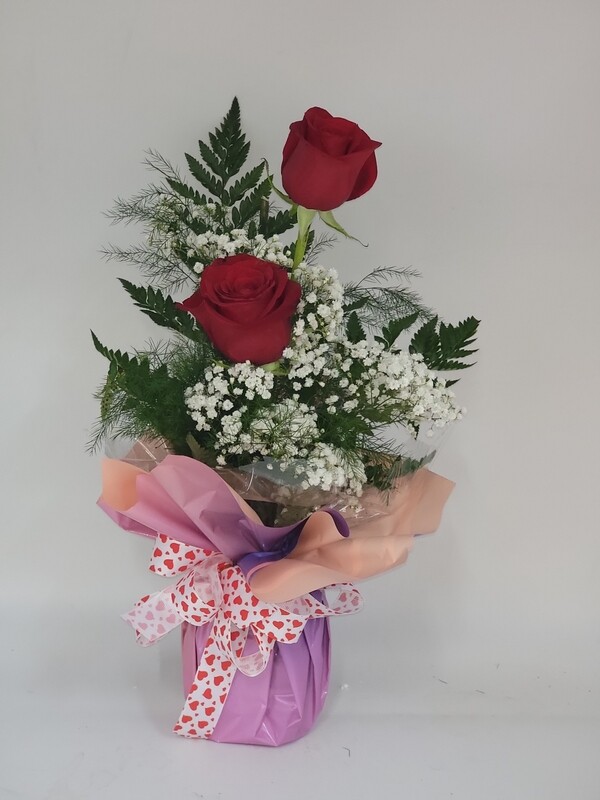 Rose - 2 red in a peach wrap