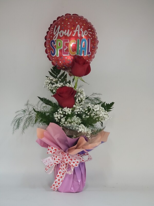 Rose  - 2 red in a peach wrap with a balloon