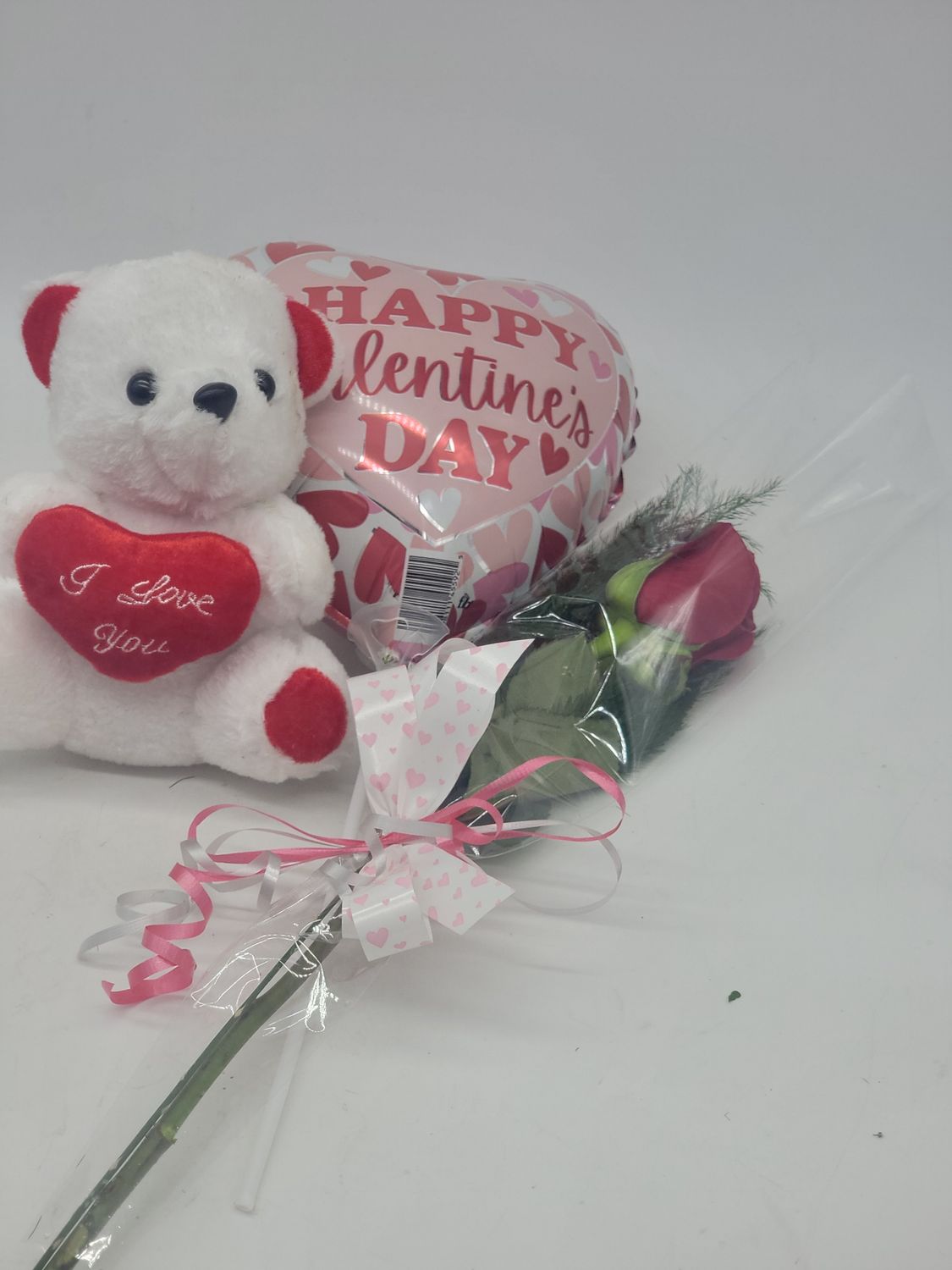 Valentine 1 rose in a sleeve, balloon, 6 " teddy
