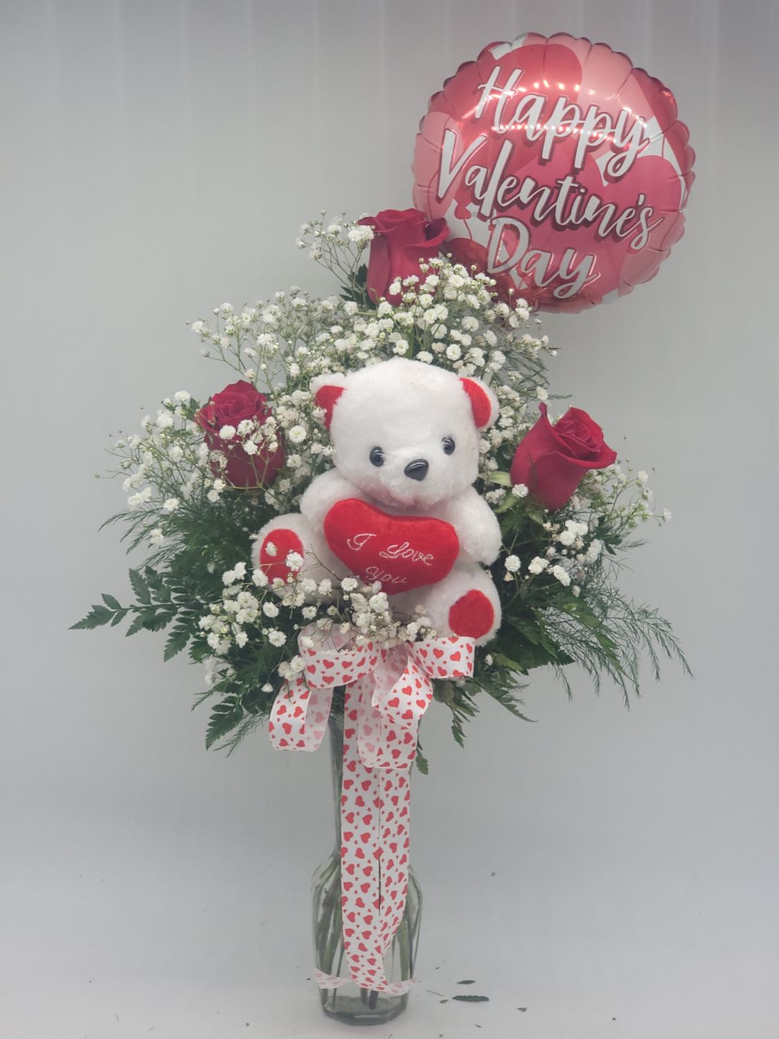 Valentine 3 roses in a vase, balloon, and teddy