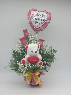 Valentines 3 roses in a wrap with a balloon and teddy