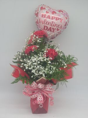 Valentine  3 Carnations in a red wrap and a ballloon 