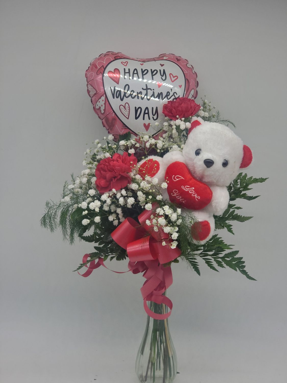 Valentine 2 red Carnations with a balloon and a teddy