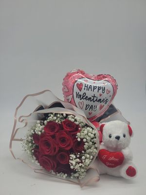 Valentines 12 roses in a wrap with a balloon and a teddy 