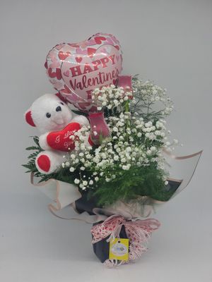 Valentines 2 roses in a wrap with a ballon and teddy