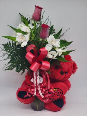 2 roses with 12" teddy
