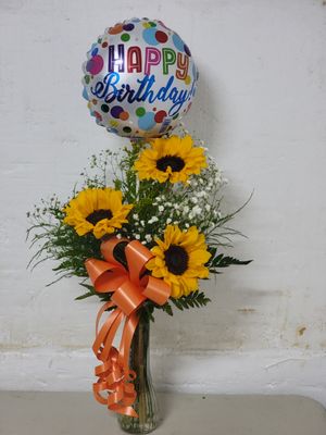 Sunflowers  - 3 in a vase with a balloon