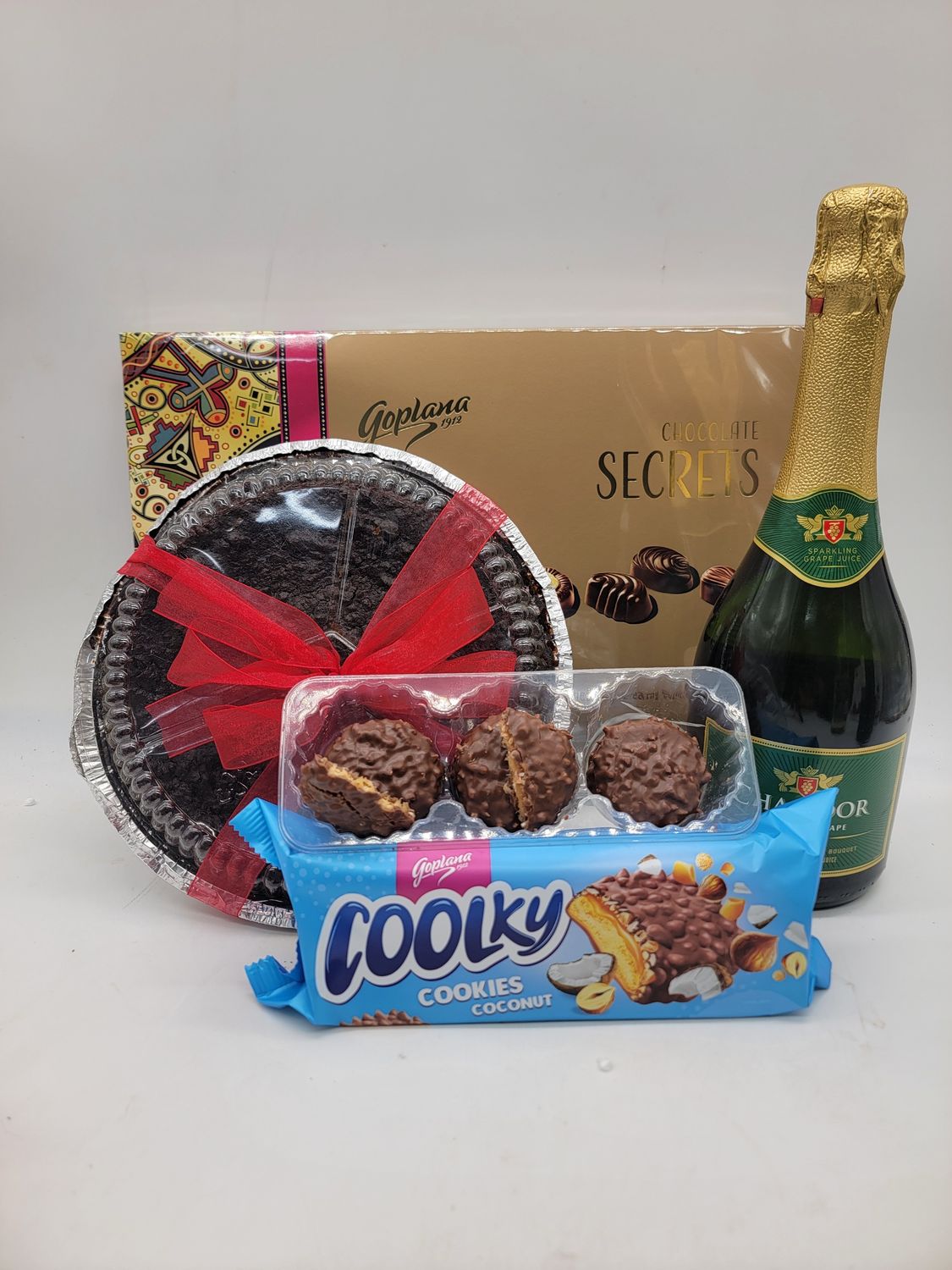 Chocolates238g,  Cookies, Non alcoholic Wine,  8" round Christmas Cake