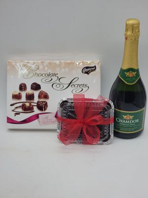 114g  Chocolates, 6" x 6" square Cake, Non-Alcoholic Wine