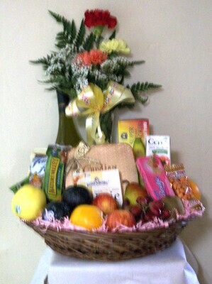 Fruit, Chocolate, Cheese and Crackers, Wine with 3 Carnations in a vase