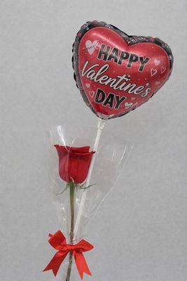 Valentine - 1 Rose in sleeve with a balloon
