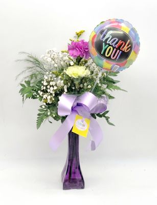 2 Carnations in a vase with a balloon