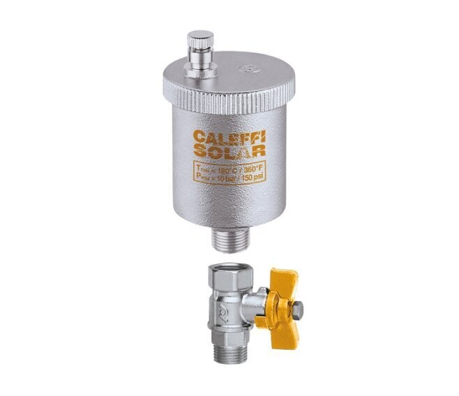 CALEFFI - VALVOLA AUTOMATICA DI SFOGO ARIA 3/8" M PER IMPIANTI SOLARI CON RUBINETTO INTERCETTAZIONE 250131