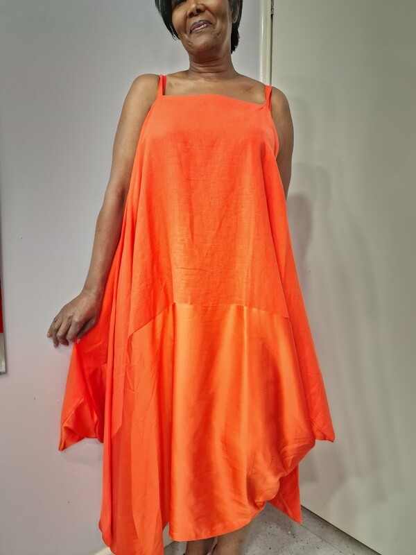 Nu Strappy cocoon style dress with contrast fabrics