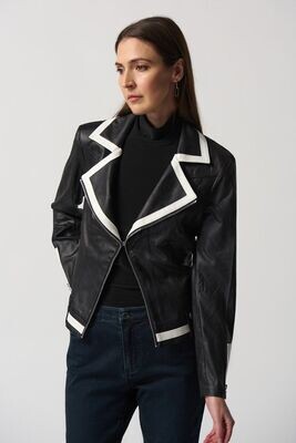 JOSEPH RIBKOFF FAUX LEATHER BLACK JACKET WITH WHITE TRIMMINGS