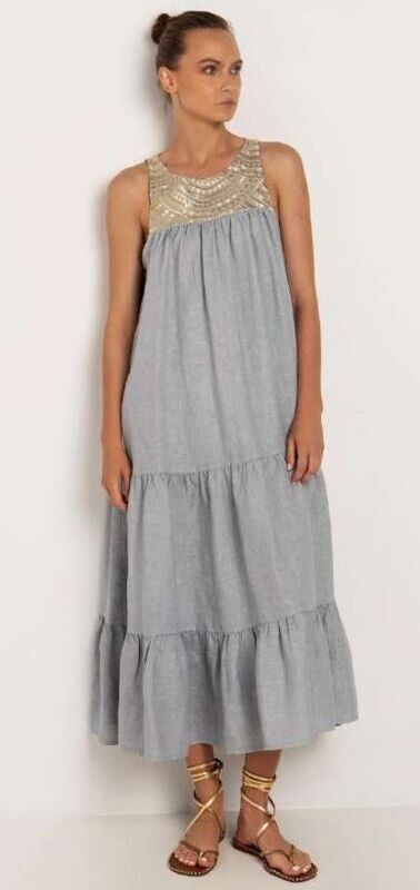GREEK ARCHAIC KORI LONG SLEEVELESS DRESS LIGHT GREY-GOLD