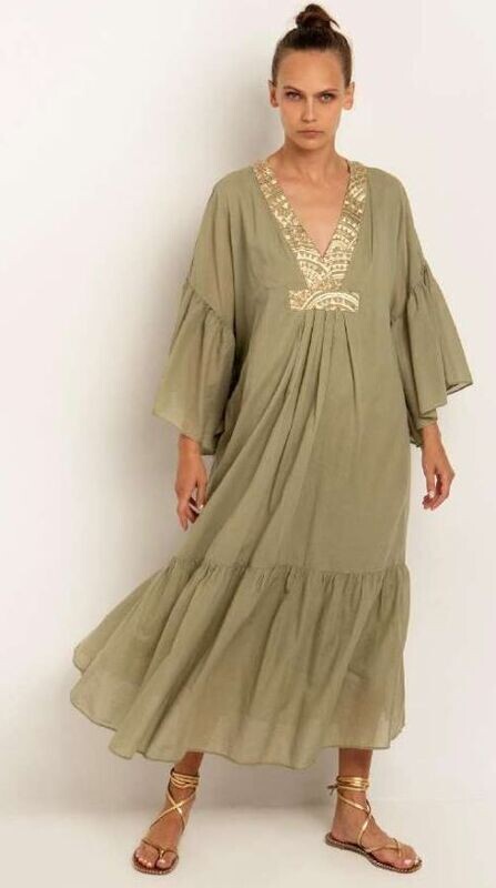 GREEK ARCHAIC KORI DRESS RUFFLE SLEEVES TEA-GOLD 