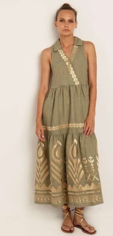 GREEK ARCHAIC KORI DRESS LONG FEATHER SLEEVELESS TEA-GOLD