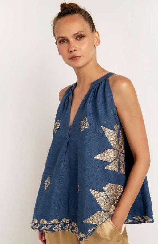 GREEK ARCHAIC KORI SLEEVELESS TOP AEOLIS INDIGO-GOLD