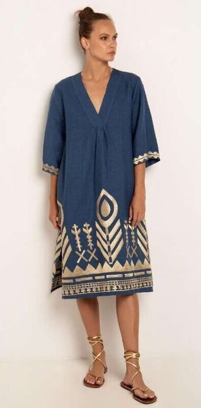 GREEK ARCHAIC KORI DRESS FEATHER INDIGO-GOLD