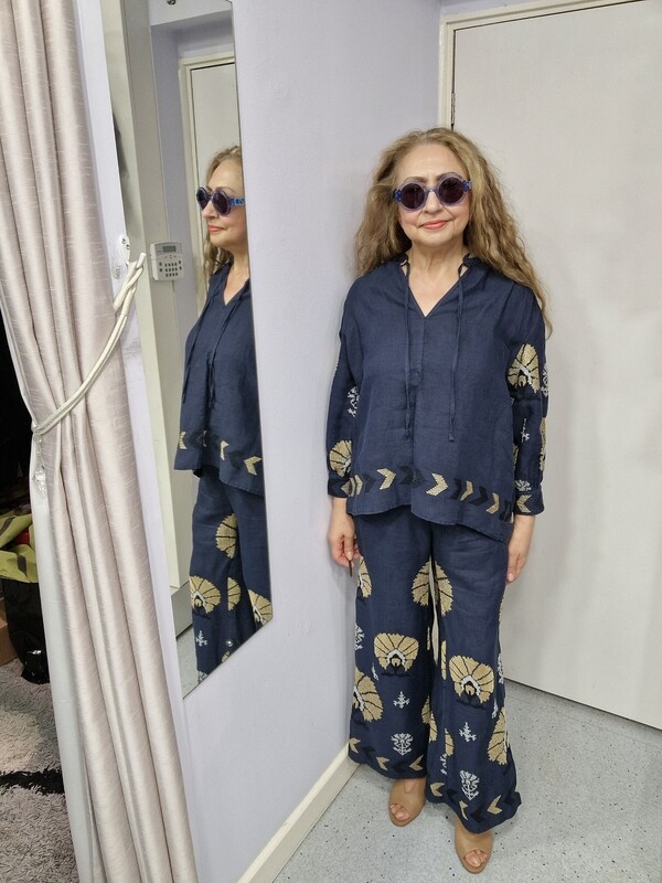 GREEK ARCHAIC KORI TROUSERS MINI PEACOCKS NAVY BLUE-GOLD