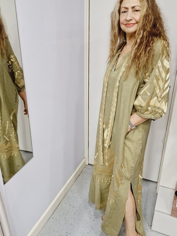 GREEK ARCHAIC KORI DRESS LONG FEATHER BELT TEA-GOLD
