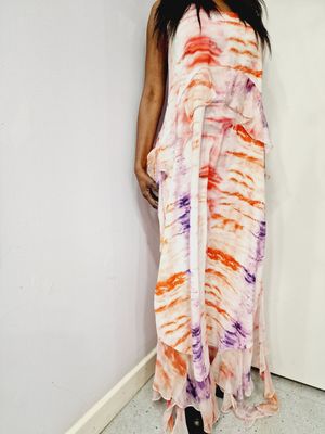CARACLAN MAXI DRESS WITH RUSHING AND HIGH SIDE SLITS(MULTICOLOURED)