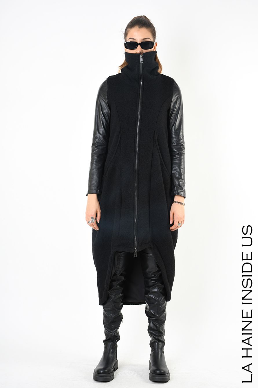 Asymmetrical boiled wool coat deals