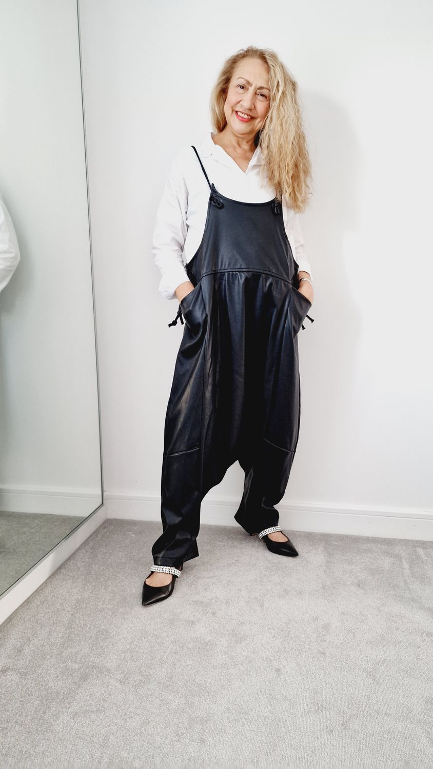 CARACLAN FAUX LETHEAR PINAFORE JUMPSUIT