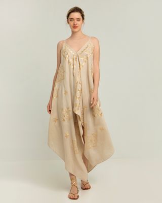 GREEK ARCHAIC KORI ASYMMETRICAL DRESS-BEIGE/GOLD