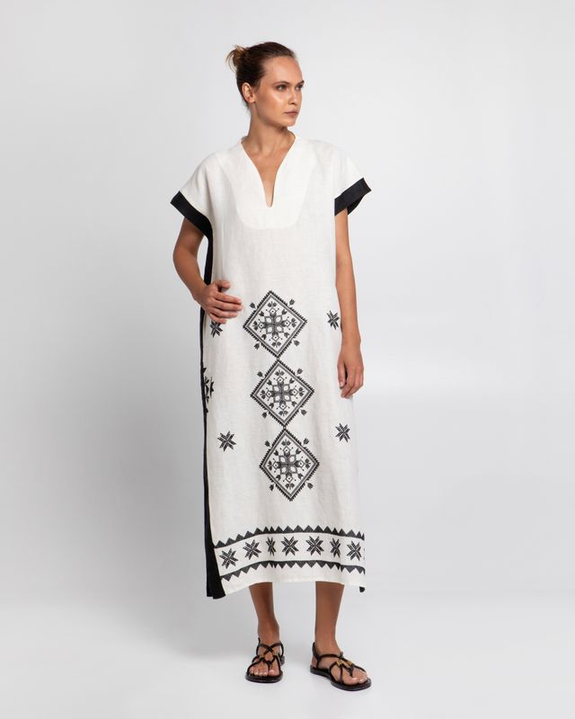 GREEK ARCHAIC KORI KAFTAN STYLE DRESS-NATURAL/BLACK