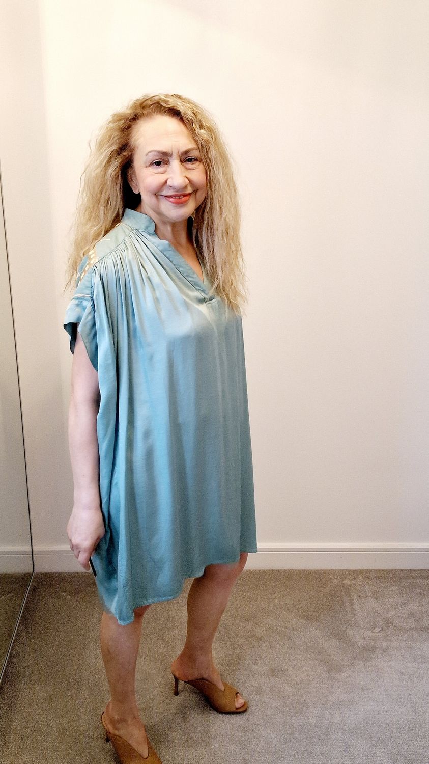 GREEK ARCHAIC KORI KNEE LENGHTS DRESS-SEA-GREEN GOLD