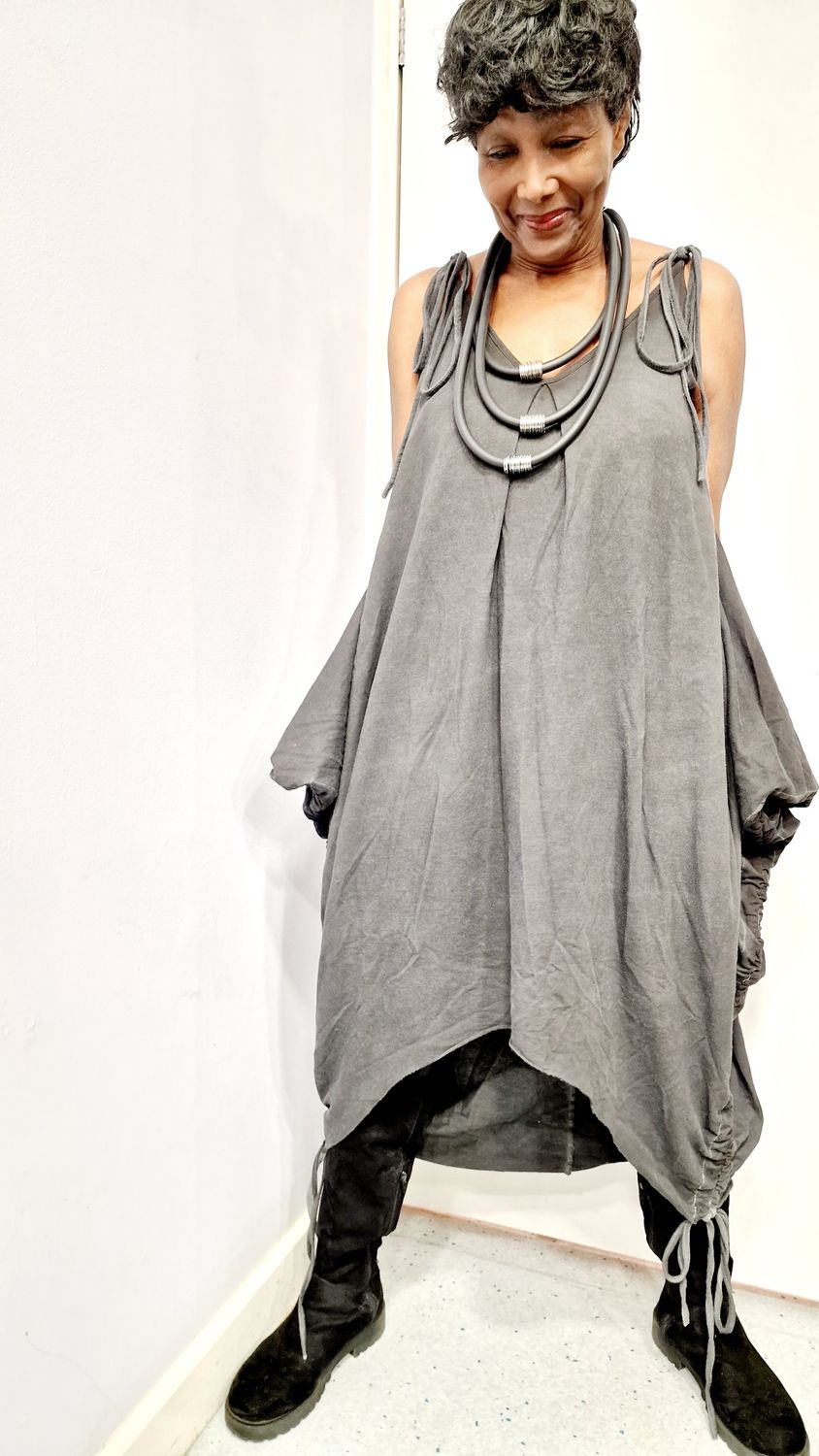 LA HAINE INSIDE US ASYMMETRIC COTTON STRAPPY DRESS-GREY