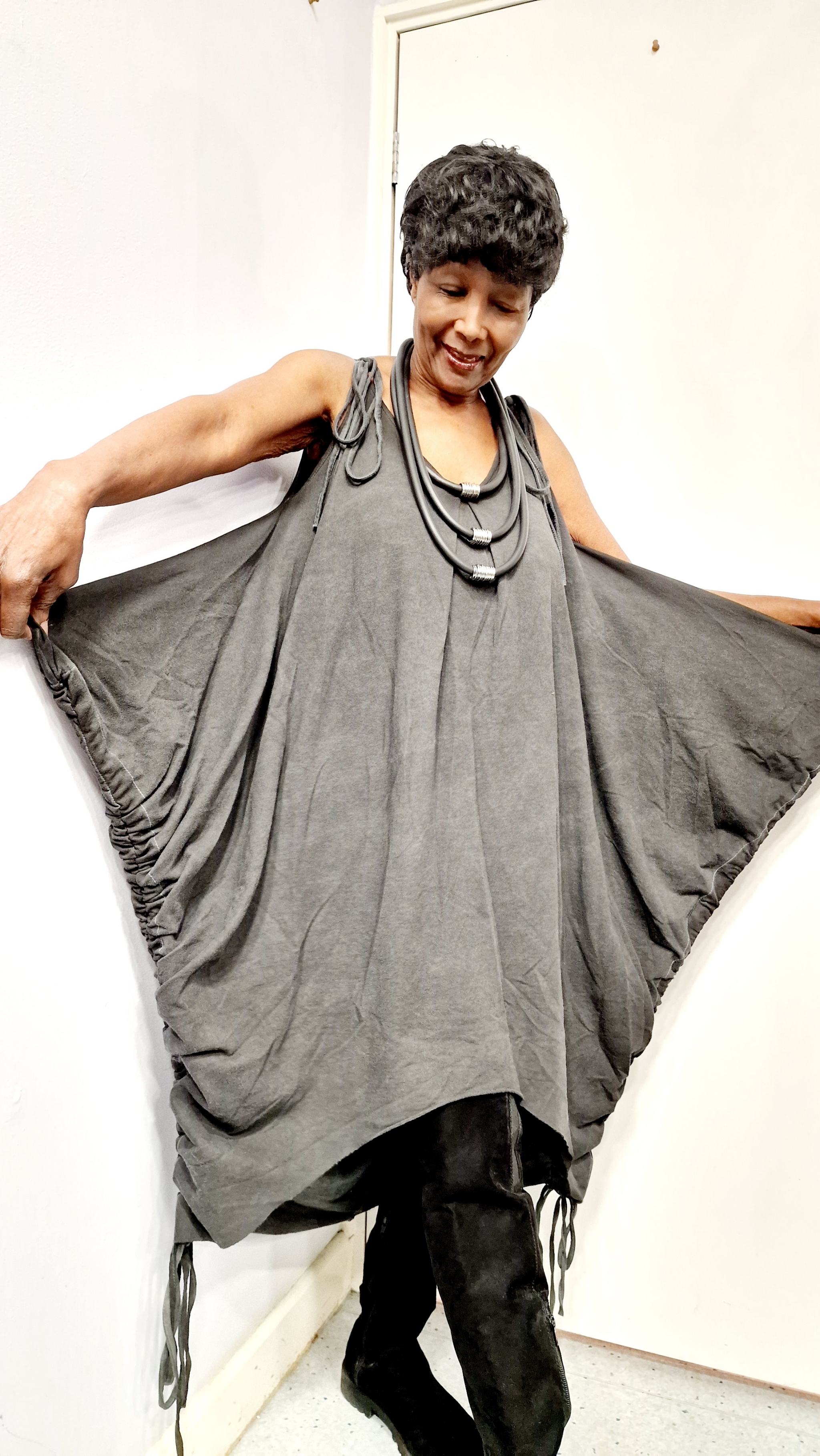 LA HAINE INSIDE US ASYMMETRIC COTTON STRAPPY DRESS-GREY