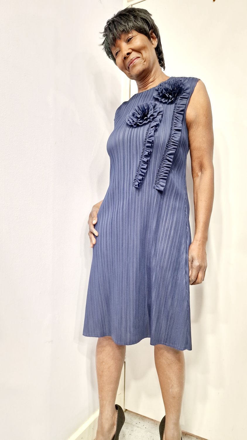 FRANK LYMAN PLISSE DRESS-NAVY