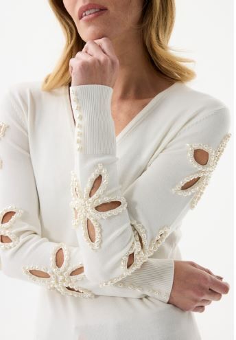 LEO&UGO OFF-WHITE JUMPER WITH PEARLS EMBELLISHED SLEEVES