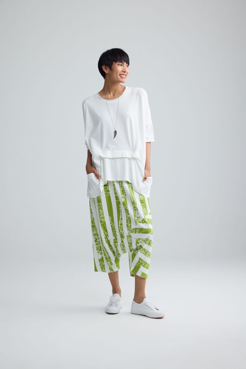 LUUKAA COTTON JERSEY LOW CRUTCH TROUSERS-THESSALY-LIME PRINT